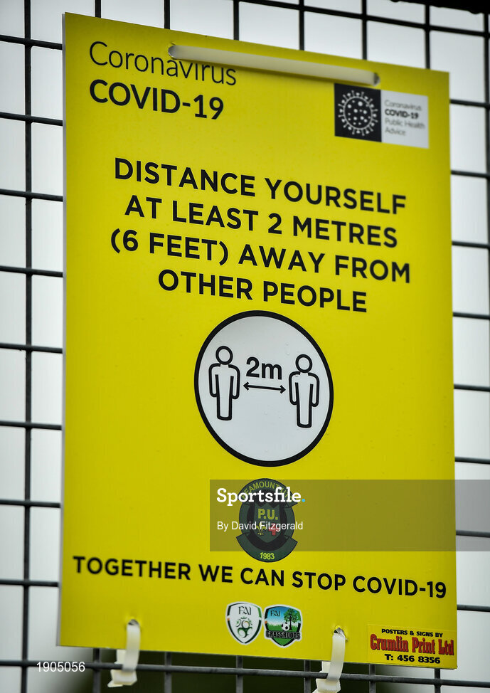 19 June 2020; Covid-19 signage is seen prior to a Peamount United squad training session in Greenogue in Newcastle, Dublin. Following approval from the Football Association of Ireland and the Irish Government, a number of national league teams have been allowed to resume collective training. On March 12, the FAI announced the cessation of all football under their jurisdiction upon directives from the Irish Government, the Department of Health and UEFA, in an effort to contain the spread of the Coronavirus (COVID-19) pandemic. Photo by David Fitzgerald/Sportsfile