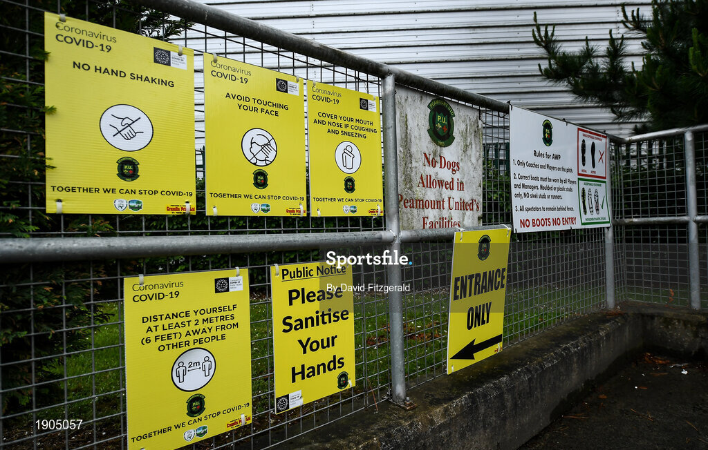 19 June 2020; Covid-19 signage is seen prior to a Peamount United squad training session in Greenogue in Newcastle, Dublin. Following approval from the Football Association of Ireland and the Irish Government, a number of national league teams have been allowed to resume collective training. On March 12, the FAI announced the cessation of all football under their jurisdiction upon directives from the Irish Government, the Department of Health and UEFA, in an effort to contain the spread of the Coronavirus (COVID-19) pandemic. Photo by David Fitzgerald/Sportsfile