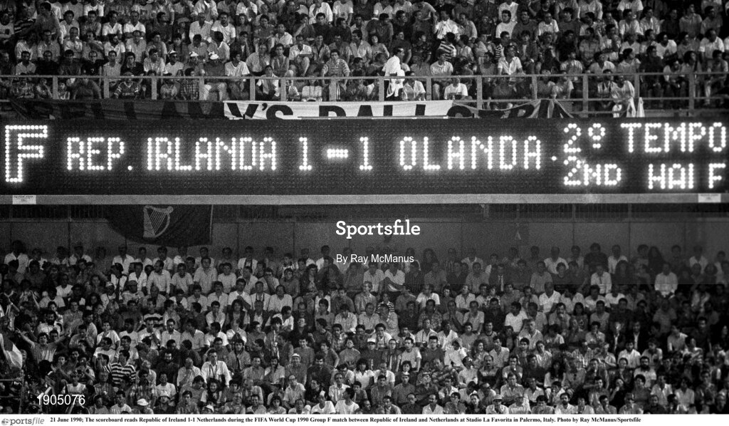 21 June 1990; The scoreboard reads Republic of Ireland 1-1 Netherlands during the FIFA World Cup 1990 Group F match between Republic of Ireland and Netherlands at Stadio La Favorita in Palermo, Italy. Photo by Ray McManus/Sportsfile