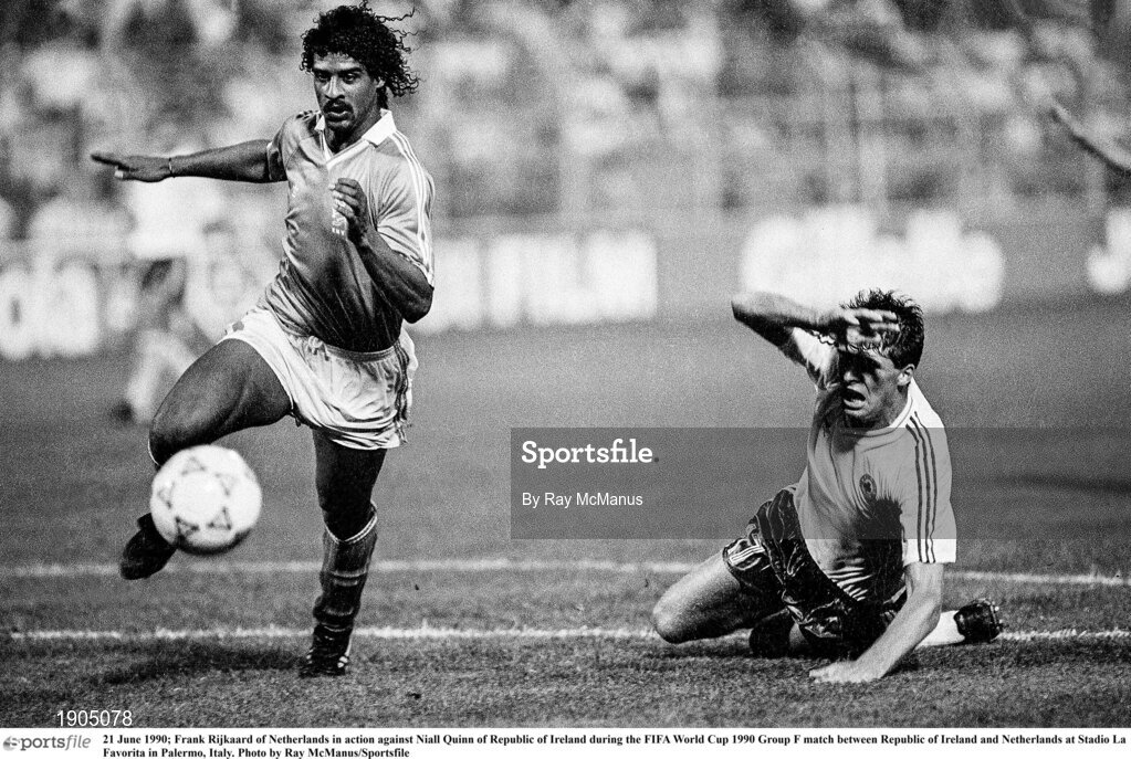 21 June 1990; Frank Rijkaard of Netherlands in action against Niall Quinn of Republic of Ireland during the FIFA World Cup 1990 Group F match between Republic of Ireland and Netherlands at Stadio La Favorita in Palermo, Italy. Photo by Ray McManus/Sportsfile