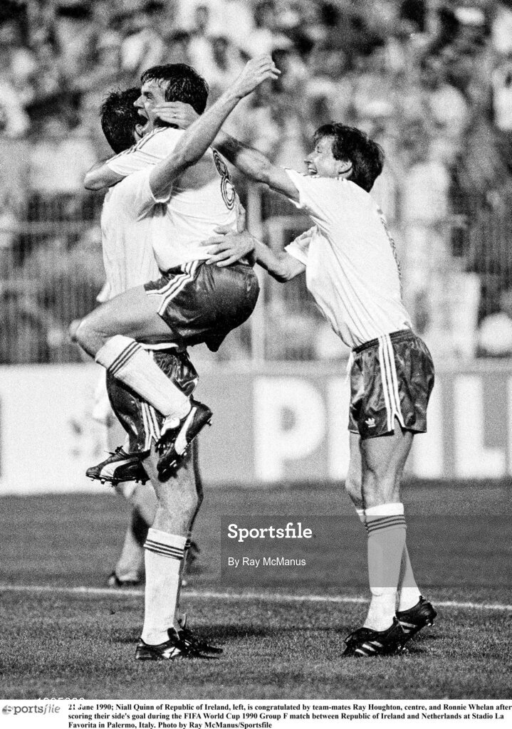 21 June 1990; Niall Quinn of Republic of Ireland, left, is congratulated by team-mates Ray Houghton, centre, and Ronnie Whelan after scoring their side's goal during the FIFA World Cup 1990 Group F match between Republic of Ireland and Netherlands at Stadio La Favorita in Palermo, Italy. Photo by Ray McManus/Sportsfile
