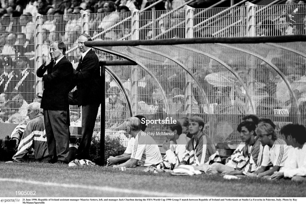 21 June 1990; Republic of Ireland assistant manager Maurice Setters, left, and manager Jack Charlton during the FIFA World Cup 1990 Group F match between Republic of Ireland and Netherlands at Stadio La Favorita in Palermo, Italy. Photo by Ray McManus/Sportsfile