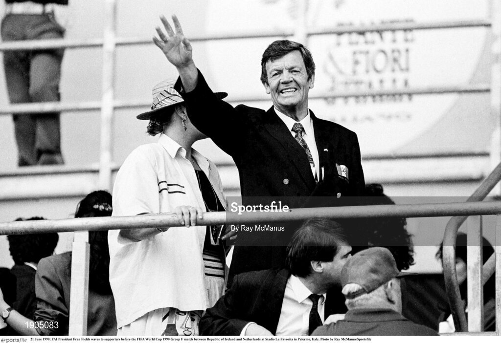 21 June 1990; FAI President Fran Fields waves to supporters before the FIFA World Cup 1990 Group F match between Republic of Ireland and Netherlands at Stadio La Favorita in Palermo, Italy. Photo by Ray McManus/Sportsfile