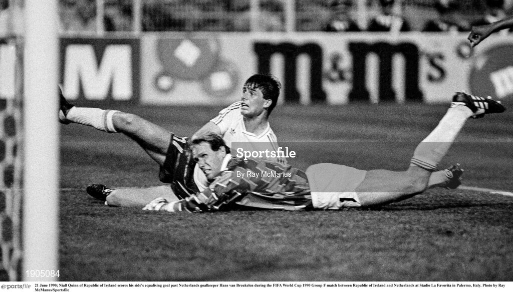 21 June 1990; Niall Quinn of Republic of Ireland scores his side's equalising goal past Netherlands goalkeeper Hans van Breukelen during the FIFA World Cup 1990 Group F match between Republic of Ireland and Netherlands at Stadio La Favorita in Palermo, Italy. Photo by Ray McManus/Sportsfile