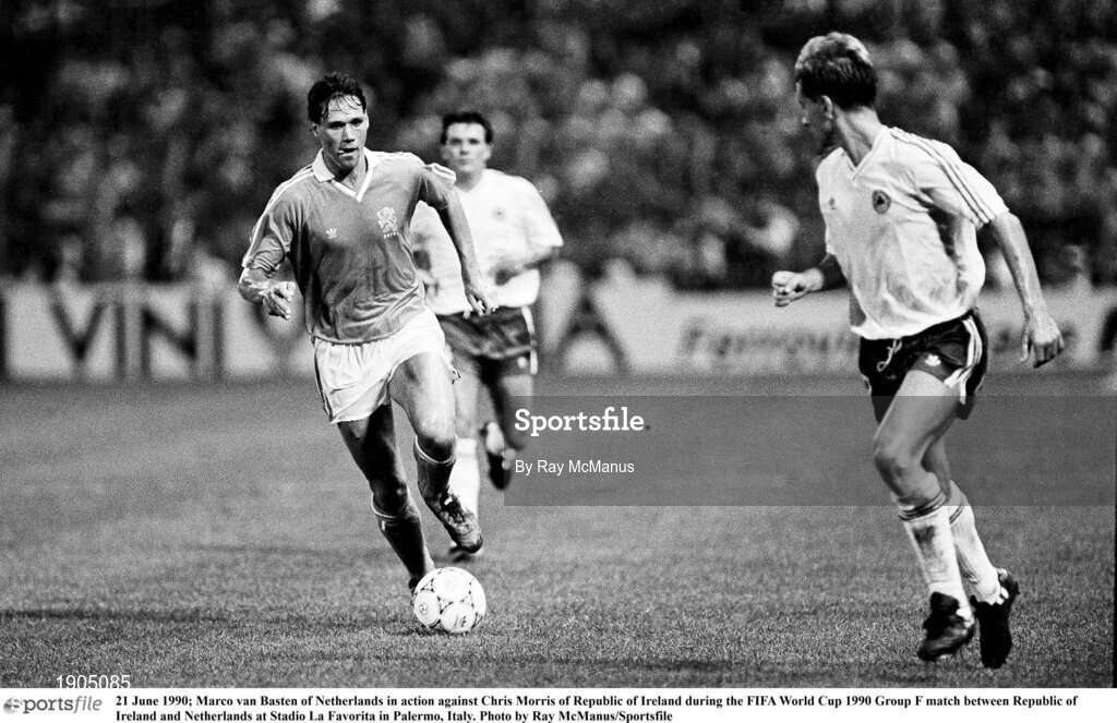 21 June 1990; Marco van Basten of Netherlands in action against Chris Morris of Republic of Ireland during the FIFA World Cup 1990 Group F match between Republic of Ireland and Netherlands at Stadio La Favorita in Palermo, Italy. Photo by Ray McManus/Sportsfile
