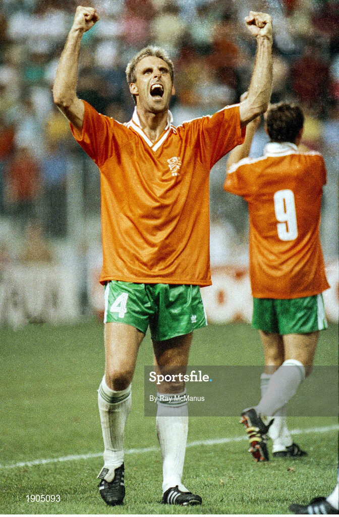 21 June 1990; Mick McCarthy of Republic of Ireland celebrates after the FIFA World Cup 1990 Group F match between Republic of Ireland and Netherlands at Stadio La Favorita in Palermo, Italy. Photo by Ray McManus/Sportsfile