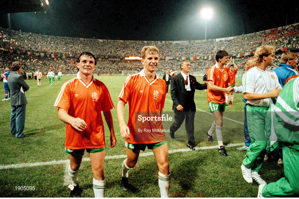 21 June 1990; Ray Houghton, left, and Chris Morris of Republic of Ireland after the FIFA World Cup 1990 Group F match between Republic of Ireland and Netherlands at Stadio La Favorita in Palermo, Italy. Photo by Ray McManus/Sportsfile