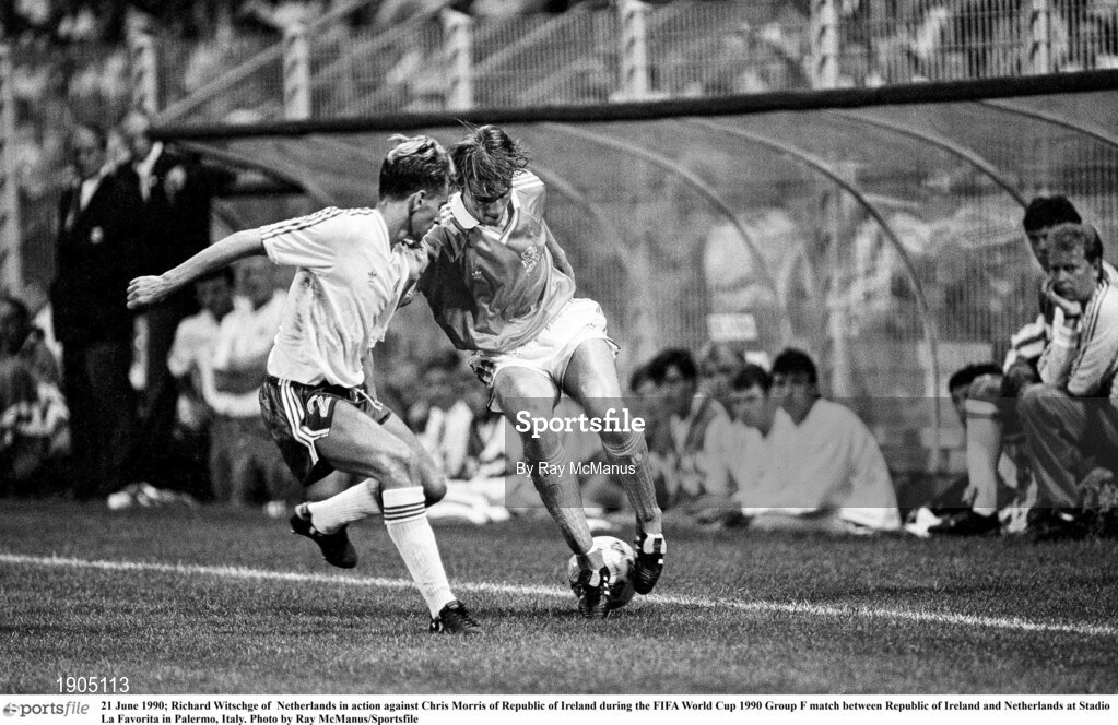 21 June 1990; Richard Witschge of  Netherlands in action against Chris Morris of Republic of Ireland during the FIFA World Cup 1990 Group F match between Republic of Ireland and Netherlands at Stadio La Favorita in Palermo, Italy. Photo by Ray McManus/Sportsfile