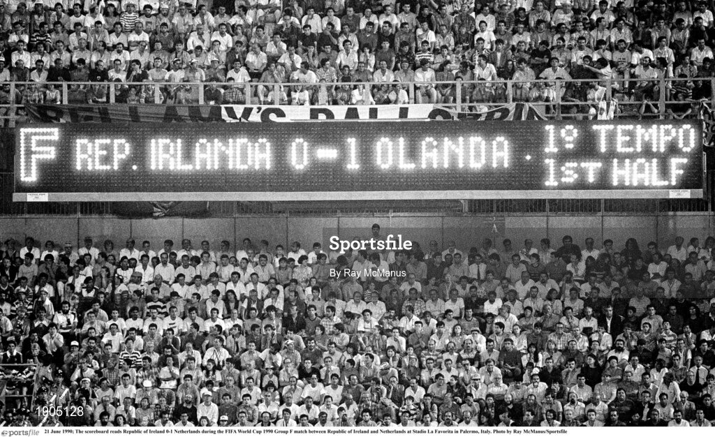 21 June 1990; The scoreboard reads Republic of Ireland 0-1 Netherlands during the FIFA World Cup 1990 Group F match between Republic of Ireland and Netherlands at Stadio La Favorita in Palermo, Italy. Photo by Ray McManus/Sportsfile