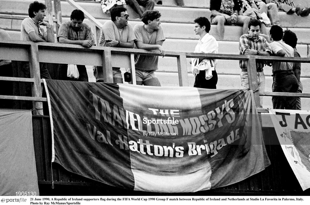 21 June 1990; A Republic of Ireland supporters flag during the FIFA World Cup 1990 Group F match between Republic of Ireland and Netherlands at Stadio La Favorita in Palermo, Italy. Photo by Ray McManus/Sportsfile