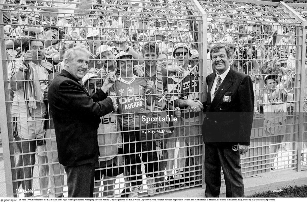 21 June 1990; President of the FAI Fran Fields, right with Opel Ireland Managing Director Arnold O'Byrne prior to the FIFA World Cup 1990 Group F match between Republic of Ireland and Netherlands at Stadio La Favorita in Palermo, Italy. Photo by Ray McManus/Sportsfile