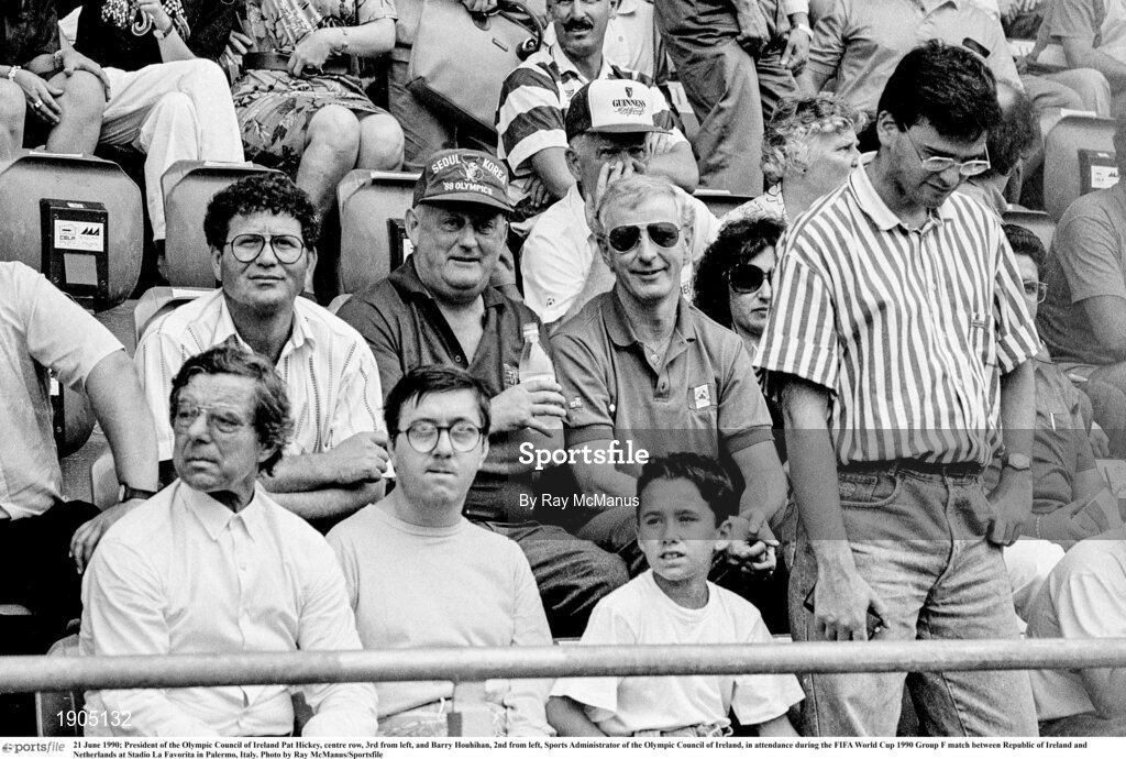 21 June 1990; President of the Olympic Council of Ireland Pat Hickey, centre row, 3rd from left, and Barry Houhihan, 2nd from left, Sports Administrator of the Olympic Council of Ireland, in attendance during the FIFA World Cup 1990 Group F match between Republic of Ireland and Netherlands at Stadio La Favorita in Palermo, Italy. Photo by Ray McManus/Sportsfile