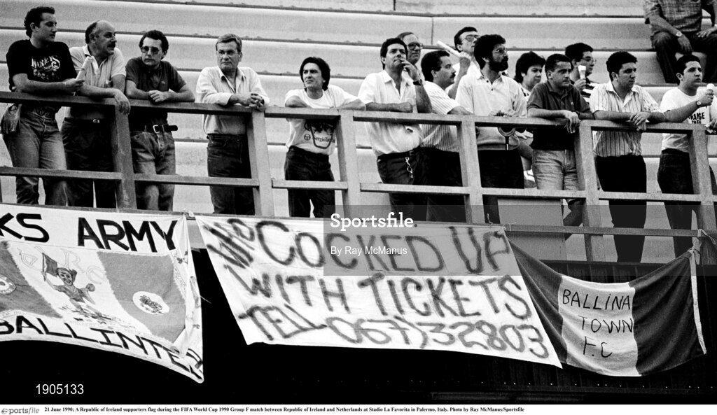 21 June 1990; A Republic of Ireland supporters flag during the FIFA World Cup 1990 Group F match between Republic of Ireland and Netherlands at Stadio La Favorita in Palermo, Italy. Photo by Ray McManus/Sportsfile