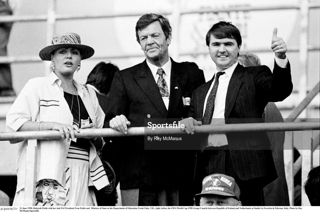 21 June 1990; Deborah Fields with her dad FAI President Fran Fields and  Minister of State at the Department of Education Frank Fahy, T.D., right, before the FIFA World Cup 1990 Group F match between Republic of Ireland and Netherlands at Stadio La Favorita in Palermo, Italy. Photo by Ray McManus/Sportsfile