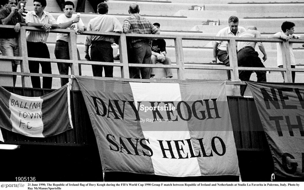 21 June 1990; The Republic of Ireland flag of Davy Keogh during the FIFA World Cup 1990 Group F match between Republic of Ireland and Netherlands at Stadio La Favorita in Palermo, Italy. Photo by Ray McManus/Sportsfile
