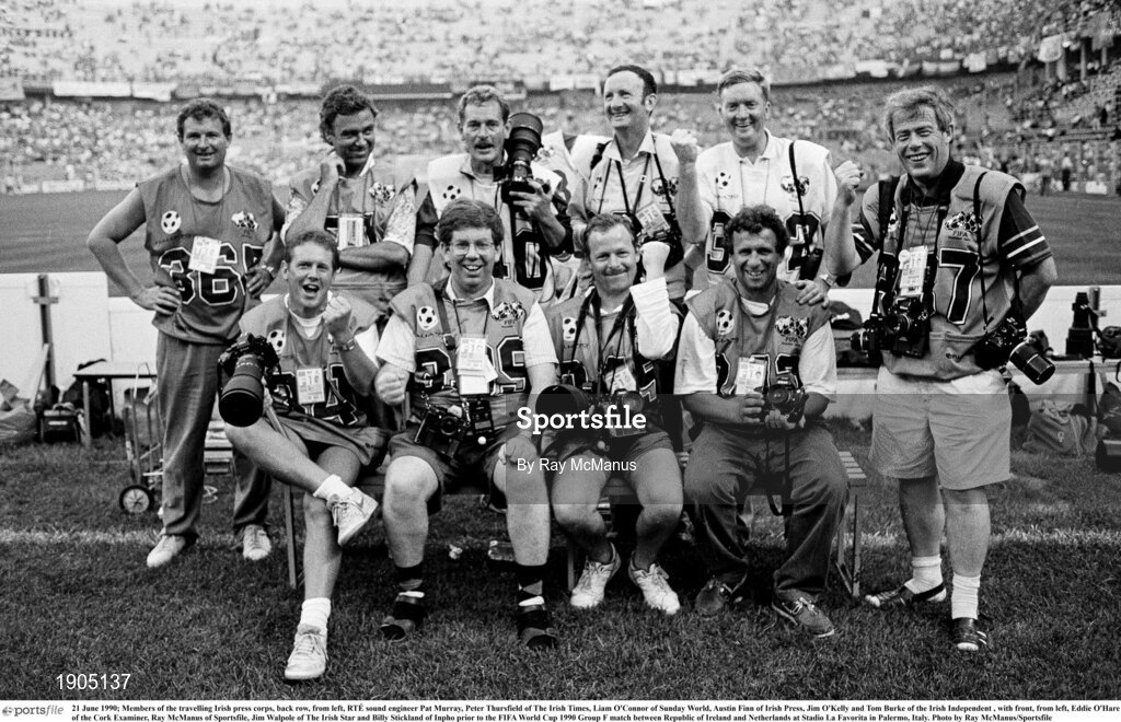 21 June 1990; Members of the travelling Irish press corps, back row, from left, RTÉ sound engineer Pat Murray, Peter Thursfield of The Irish Times, Liam O'Connor of Sunday World, Austin Finn of Irish Press, Jim O'Kelly and Tom Burke of the Irish Independent , with front, from left, Eddie O'Hare of the Cork Examiner, Ray McManus of Sportsfile, Jim Walpole of The Irish Star and Billy Stickland of Inpho prior to the FIFA World Cup 1990 Group F match between Republic of Ireland and Netherlands at Stadio La Favorita in Palermo, Italy. Photo by Ray McManus/Sportsfile