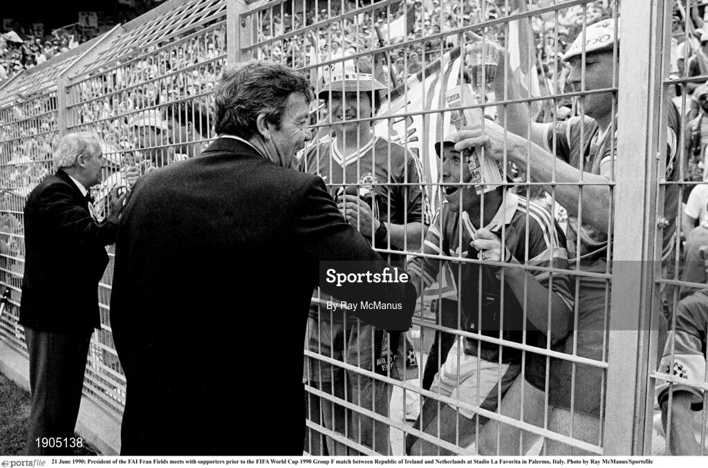 21 June 1990; President of the FAI Fran Fields meets with supporters prior to the FIFA World Cup 1990 Group F match between Republic of Ireland and Netherlands at Stadio La Favorita in Palermo, Italy. Photo by Ray McManus/Sportsfile