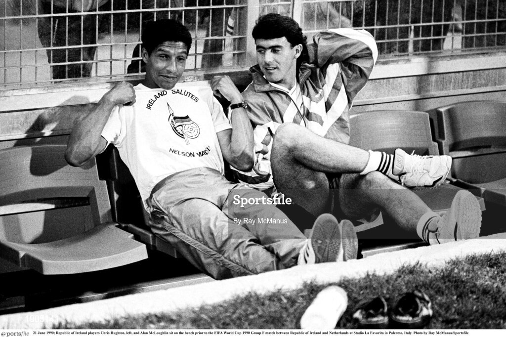 21 June 1990; Republic of Ireland players Chris Hughton, left, and Alan McLoughlin sit on the bench prior to the FIFA World Cup 1990 Group F match between Republic of Ireland and Netherlands at Stadio La Favorita in Palermo, Italy. Photo by Ray McManus/Sportsfile
