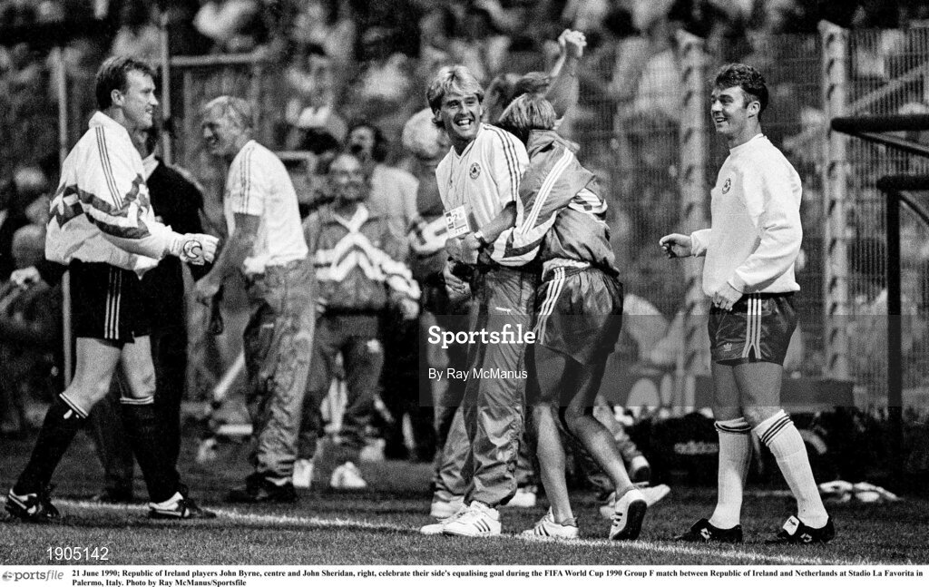 21 June 1990; Republic of Ireland players John Byrne, centre and John Sheridan, right, celebrate their side's equalising goal during the FIFA World Cup 1990 Group F match between Republic of Ireland and Netherlands at Stadio La Favorita in Palermo, Italy. Photo by Ray McManus/Sportsfile