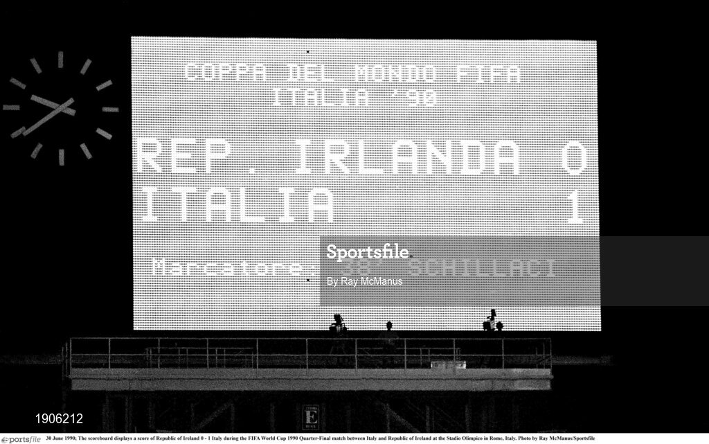 30 June 1990; The scoreboard displays a score of Republic of Ireland 0 - 1 Italy during the FIFA World Cup 1990 Quarter-Final match between Italy and Republic of Ireland at the Stadio Olimpico in Rome, Italy. Photo by Ray McManus/Sportsfile