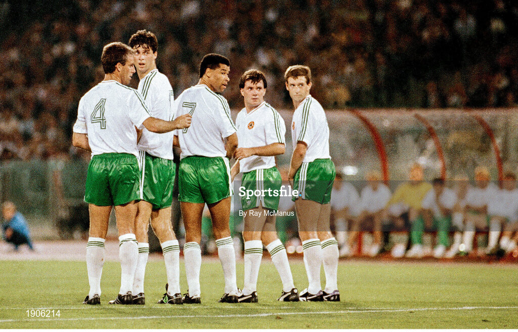 30 June 1990; Republic of Ireland captain Mick McCarthy, left, organises a defensive wall of team-mates Niall Quinn Paul McGrath, Ray Houghton and Kevin Sheedy during the FIFA World Cup 1990 Quarter-Final match between Italy and Republic of Ireland at the Stadio Olimpico in Rome, Italy. Photo by Ray McManus/Sportsfile