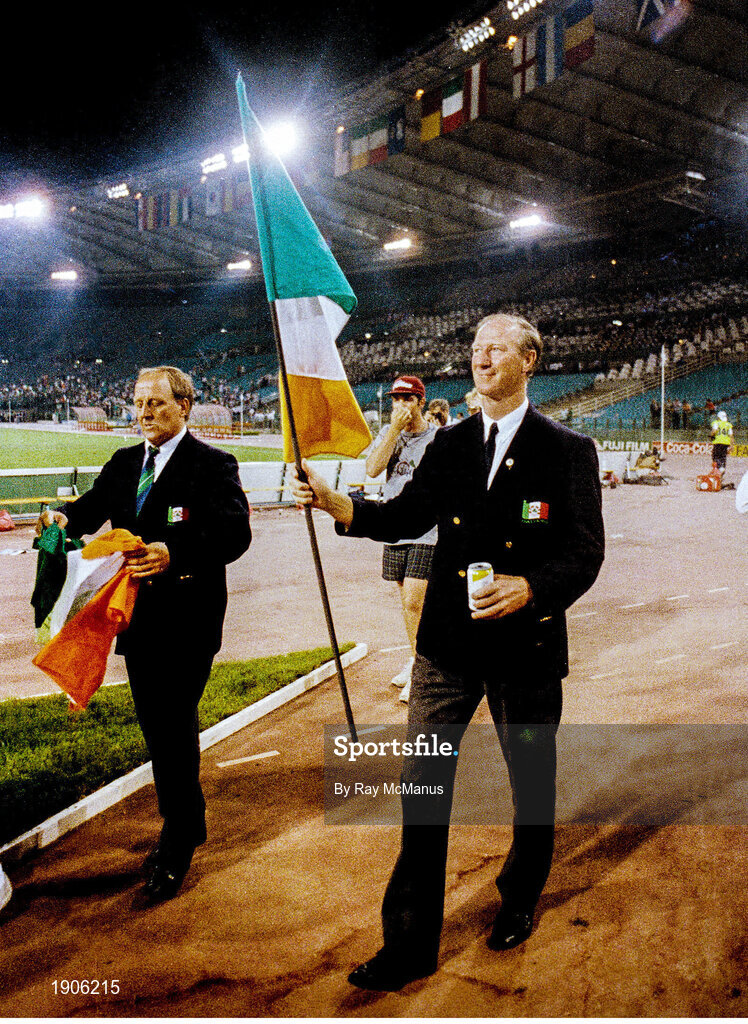 30 June 1990; Republic of Ireland manager Jack Charlton and assistamt manager Maurice Setters, left, after the FIFA World Cup 1990 Quarter-Final match between Italy and Republic of Ireland at the Stadio Olimpico in Rome, Italy. Photo by Ray McManus/Sportsfile
