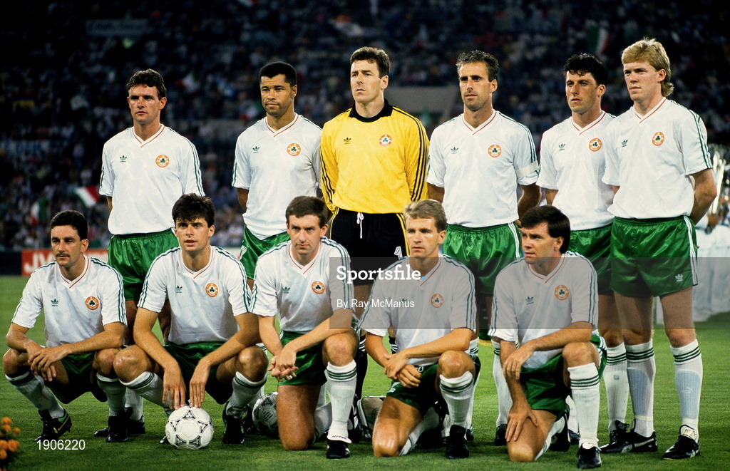 30 June 1990; The Republic of Ireland team, back row from left, Kevin Moran, Paul McGrath, Packie Bonner, Mick McCarthy, Andy Townsend, Steve Staunton, with, front from left, John Aldridge, Niall Quinn, Kevin Sheedy, Chris Morris and Ray Houghton prior to the FIFA World Cup 1990 Quarter-Final match between Italy and Republic of Ireland at the Stadio Olimpico in Rome, Italy. Photo by Ray McManus/Sportsfile