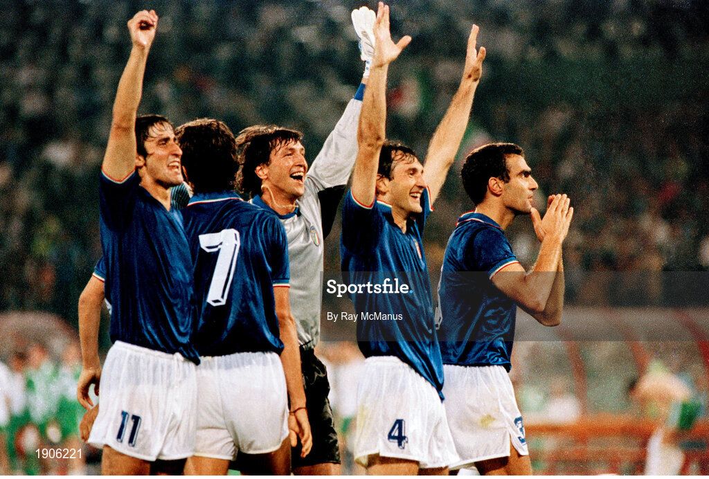 30 June 1990; Italy players, from left, Fernando Di Napoli, Paolo Maldini, Walter Zenga, Luigi Di Agostini and Giuseppe Bergomi celebrate after the FIFA World Cup 1990 Quarter-Final match between Italy and Republic of Ireland at the Stadio Olimpico in Rome, Italy. Photo by Ray McManus/Sportsfile