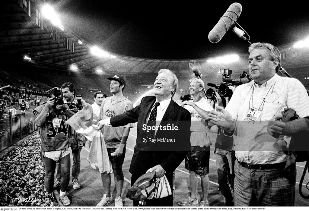 30 June 1990; An Taoiseach Charlie Haughey, T.D, centre, and FAI Honorary Treasurer Joe Delaney after the FIFA World Cup 1990 Quarter-Final match between Italy and Republic of Ireland at the Stadio Olimpico in Rome, Italy. Photo by Ray McManus/Sportsfile