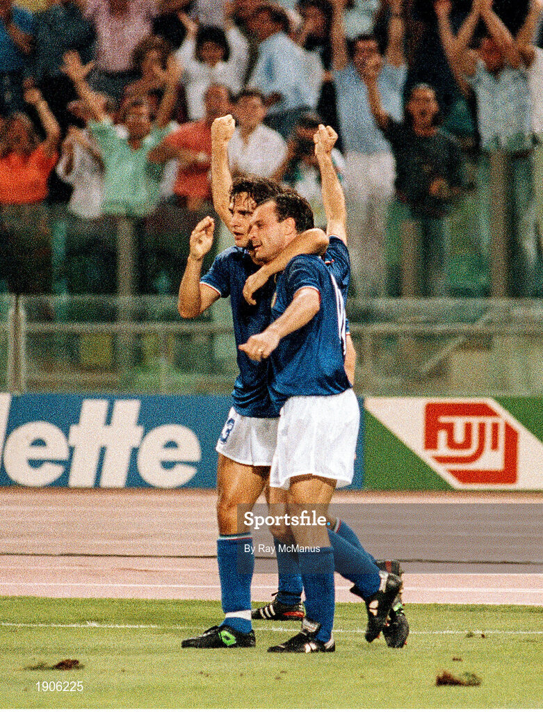 30 June 1990; Salvatore Schillaci, right, of Italy celebrates after scoring his side's only and winning goal with team-mate Guiseppe Giannini during the FIFA World Cup 1990 Quarter-Final match between Italy and Republic of Ireland at the Stadio Olimpico in Rome, Italy. Photo by Ray McManus/Sportsfile