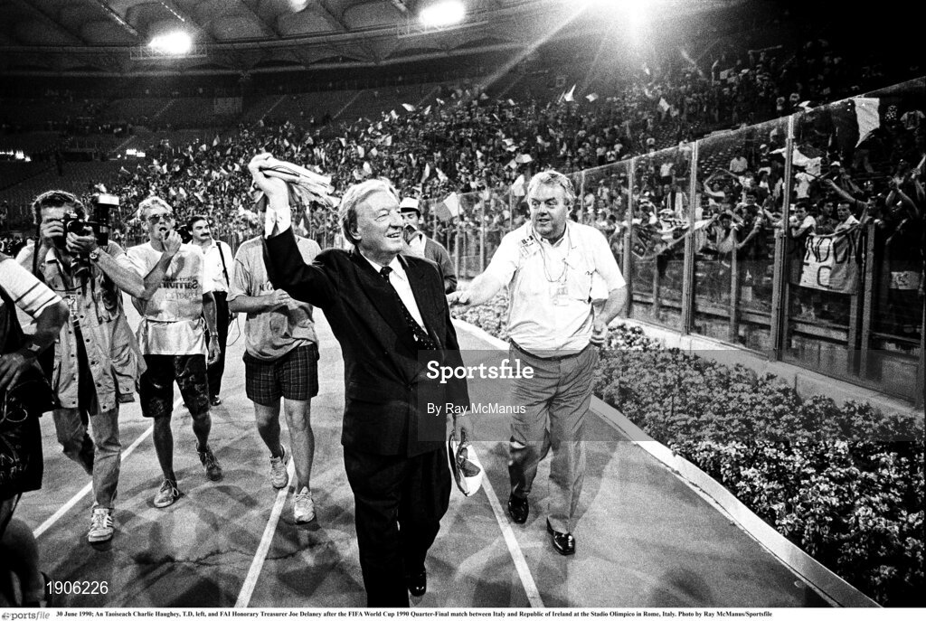 30 June 1990; An Taoiseach Charlie Haughey, T.D, left, and FAI Honorary Treasurer Joe Delaney after the FIFA World Cup 1990 Quarter-Final match between Italy and Republic of Ireland at the Stadio Olimpico in Rome, Italy. Photo by Ray McManus/Sportsfile