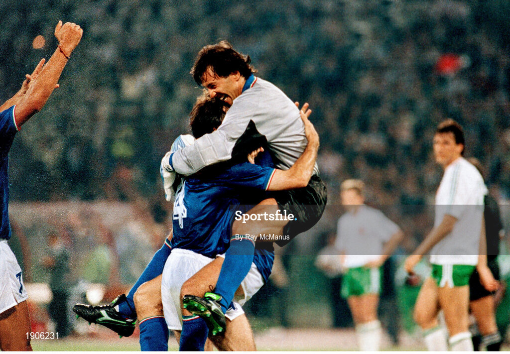 30 June 1990; Walter Zenga, right and team-mate Luigi Di Agostini of Italy celebrate after the FIFA World Cup 1990 Quarter-Final match between Italy and Republic of Ireland at the Stadio Olimpico in Rome, Italy. Photo by Ray McManus/Sportsfile