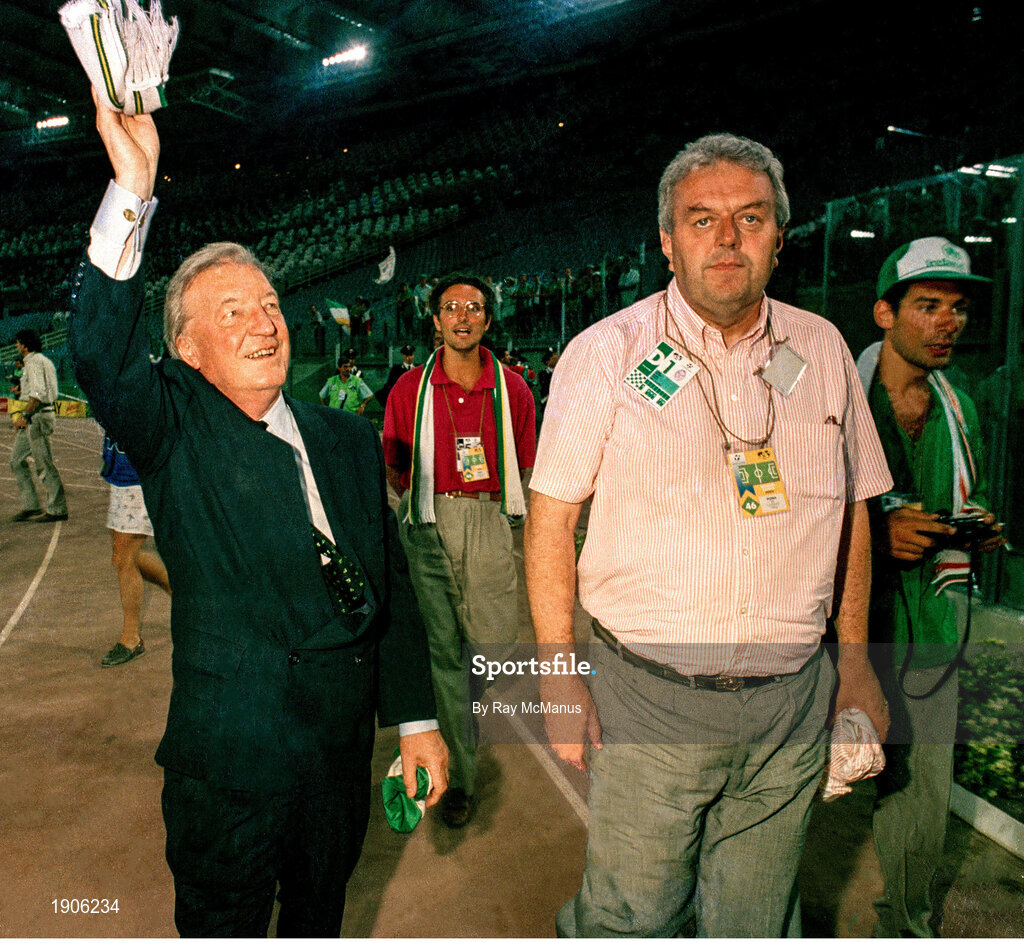 30 June 1990; An Taoiseach Charlie Haughey, T.D, left, and FAI Honorary Treasurer Joe Delaney after the FIFA World Cup 1990 Quarter-Final match between Italy and Republic of Ireland at the Stadio Olimpico in Rome, Italy. Photo by Ray McManus/Sportsfile