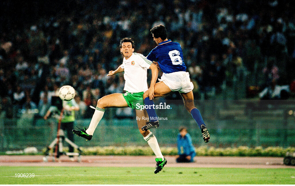 30 June 1990; Tony Cascarino of Republic of Ireland in action against Riccardo Ferri of Italy during the FIFA World Cup 1990 Quarter-Final match between Italy and Republic of Ireland at the Stadio Olimpico in Rome, Italy. Photo by Ray McManus/Sportsfile