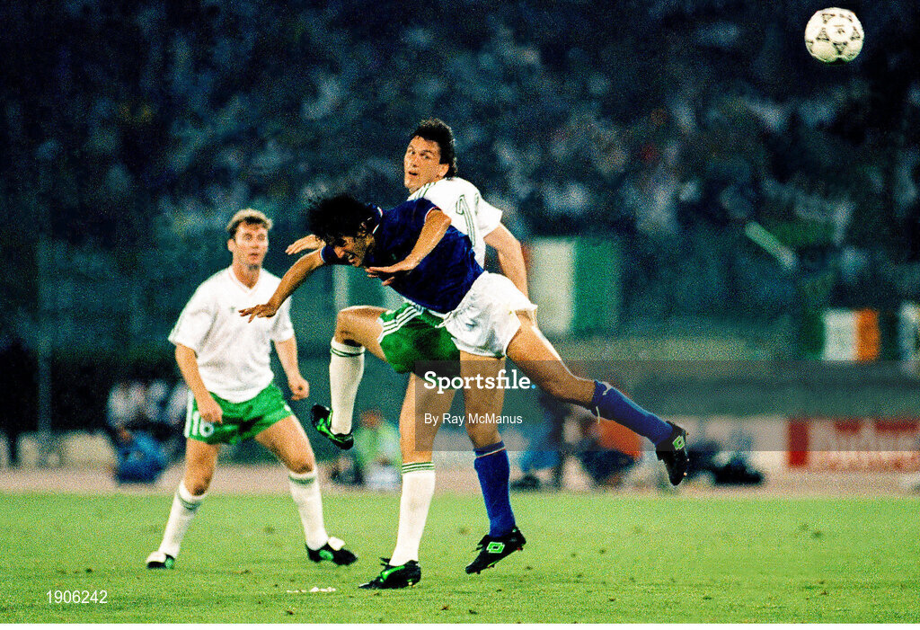 30 June 1990; Tony Cascarino of Republic of Ireland in action against Guiseppe Giannini of Italy during the FIFA World Cup 1990 Quarter-Final match between Italy and Republic of Ireland at the Stadio Olimpico in Rome, Italy. Photo by Ray McManus/Sportsfile