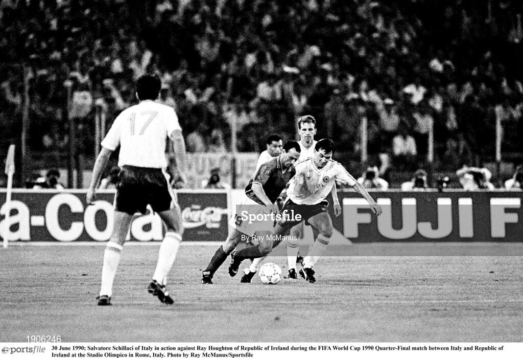 30 June 1990; Salvatore Schillaci of Italy in action against Ray Houghton of Republic of Ireland during the FIFA World Cup 1990 Quarter-Final match between Italy and Republic of Ireland at the Stadio Olimpico in Rome, Italy. Photo by Ray McManus/Sportsfile