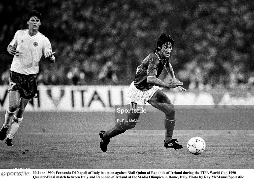 30 June 1990; Fernando Di Napoli of Italy in action against Niall Quinn of Republic of Ireland during the FIFA World Cup 1990 Quarter-Final match between Italy and Republic of Ireland at the Stadio Olimpico in Rome, Italy. Photo by Ray McManus/Sportsfile