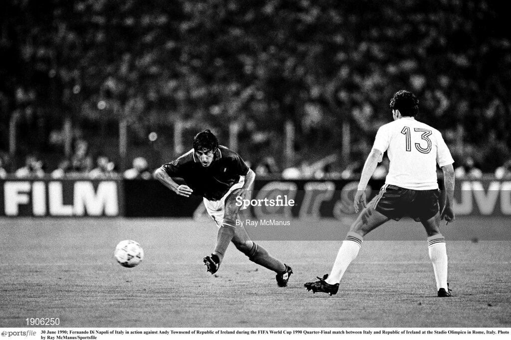 30 June 1990; Fernando Di Napoli of Italy in action against Andy Townsend of Republic of Ireland during the FIFA World Cup 1990 Quarter-Final match between Italy and Republic of Ireland at the Stadio Olimpico in Rome, Italy. Photo by Ray McManus/Sportsfile