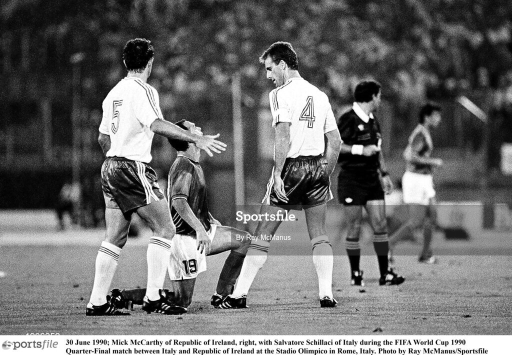 30 June 1990; Mick McCarthy of Republic of Ireland, right, with Salvatore Schillaci of Italy during the FIFA World Cup 1990 Quarter-Final match between Italy and Republic of Ireland at the Stadio Olimpico in Rome, Italy. Photo by Ray McManus/Sportsfile