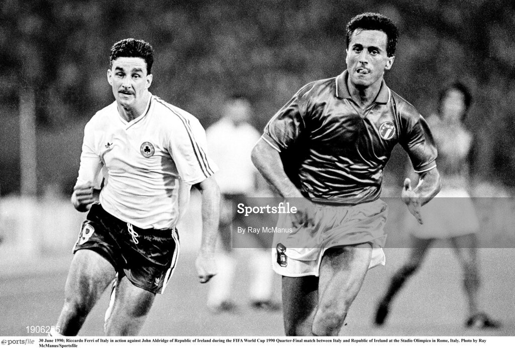 30 June 1990; Riccardo Ferri of Italy in action against John Aldridge of Republic of Ireland during the FIFA World Cup 1990 Quarter-Final match between Italy and Republic of Ireland at the Stadio Olimpico in Rome, Italy. Photo by Ray McManus/Sportsfile