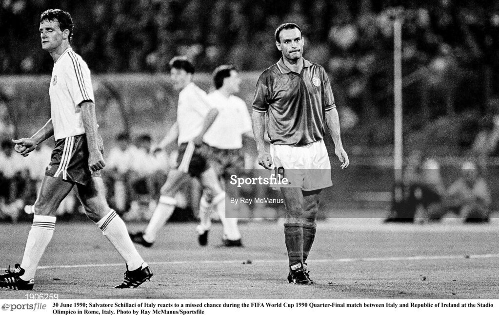 30 June 1990; Salvatore Schillaci of Italy reacts to a missed chance during the FIFA World Cup 1990 Quarter-Final match between Italy and Republic of Ireland at the Stadio Olimpico in Rome, Italy. Photo by Ray McManus/Sportsfile