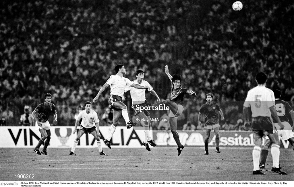30 June 1990; Paul McGrath and Niall Quinn, centre, of Republic of Ireland in action against Fernando Di Napoli of Italy during the FIFA World Cup 1990 Quarter-Final match between Italy and Republic of Ireland at the Stadio Olimpico in Rome, Italy. Photo by Ray McManus/Sportsfile