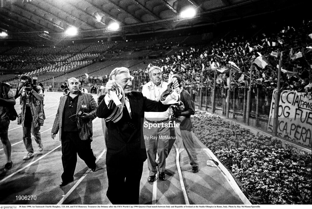 30 June 1990; An Taoiseach Charlie Haughey, T.D, left, and FAI Honorary Treasurer Joe Delaney after the FIFA World Cup 1990 Quarter-Final match between Italy and Republic of Ireland at the Stadio Olimpico in Rome, Italy. Photo by Ray McManus/Sportsfile
