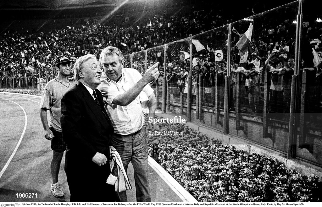 30 June 1990; An Taoiseach Charlie Haughey, T.D, left, and FAI Honorary Treasurer Joe Delaney after the FIFA World Cup 1990 Quarter-Final match between Italy and Republic of Ireland at the Stadio Olimpico in Rome, Italy. Photo by Ray McManus/Sportsfile