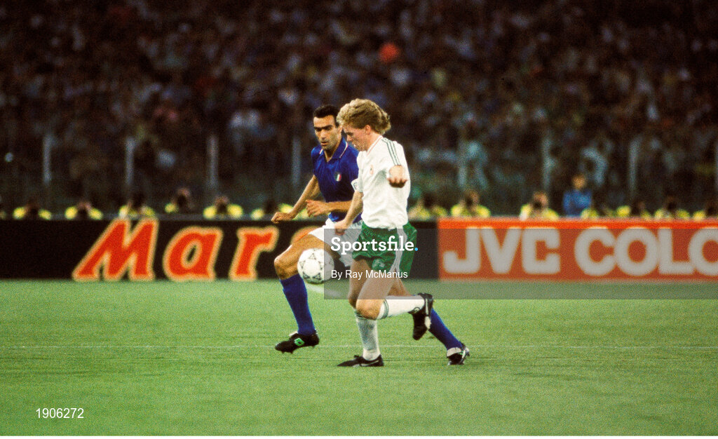 30 June 1990; Steve Staunton of Republic of Ireland in action against Giuseppe Bergomi of Italy during the FIFA World Cup 1990 Quarter-Final match between Italy and Republic of Ireland at the Stadio Olimpico in Rome, Italy. Photo by Ray McManus/Sportsfile