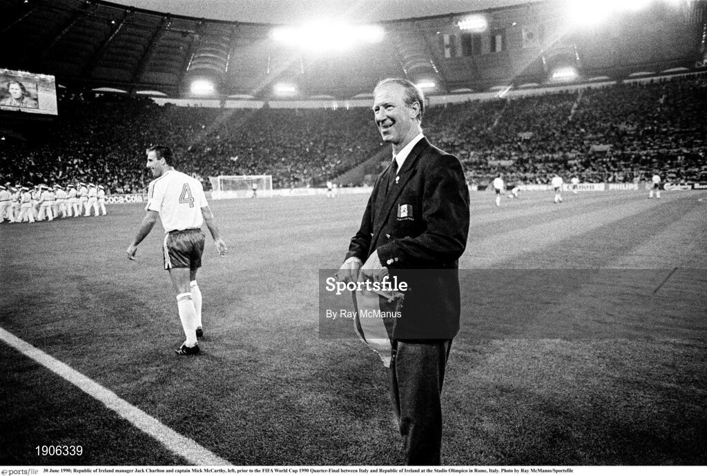30 June 1990; Republic of ‏Ireland manager Jack Charlton and captain Mick McCarthy, left, prior to the FIFA World Cup 1990 Quarter-Final between Italy and Republic of Ireland at the Stadio Olimpico in Rome, Italy. Photo by Ray McManus/Sportsfile