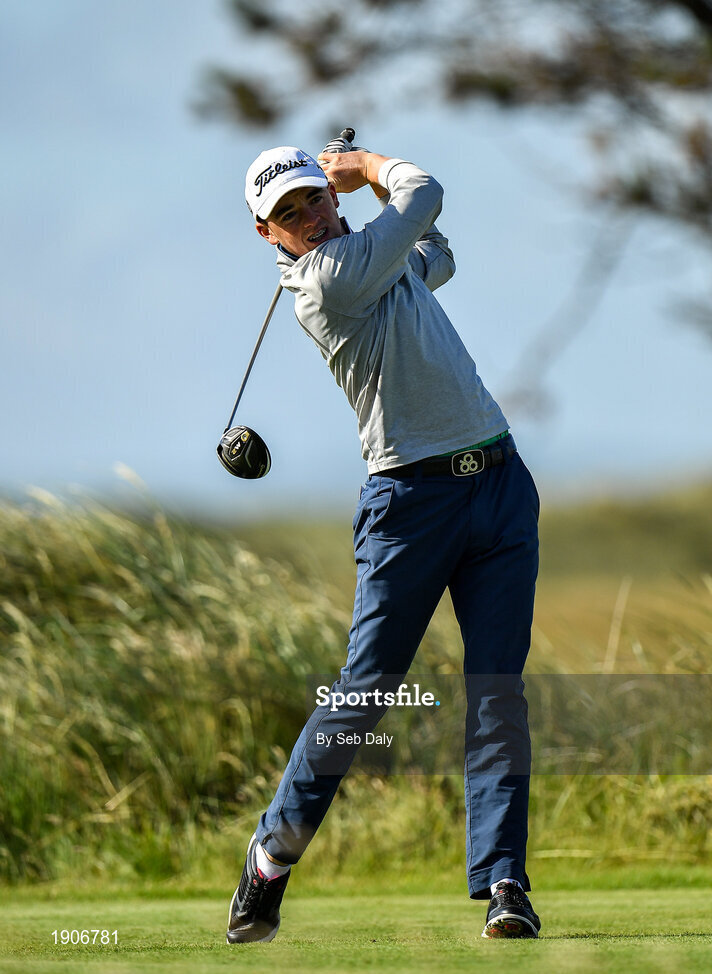 6 July 2020; Max Kennedy watches his tee shot on the first during the Flogas Irish Scratch Series at the Seapoint Golf Club in Termonfeckin, Louth. Photo by Seb Daly/Sportsfile