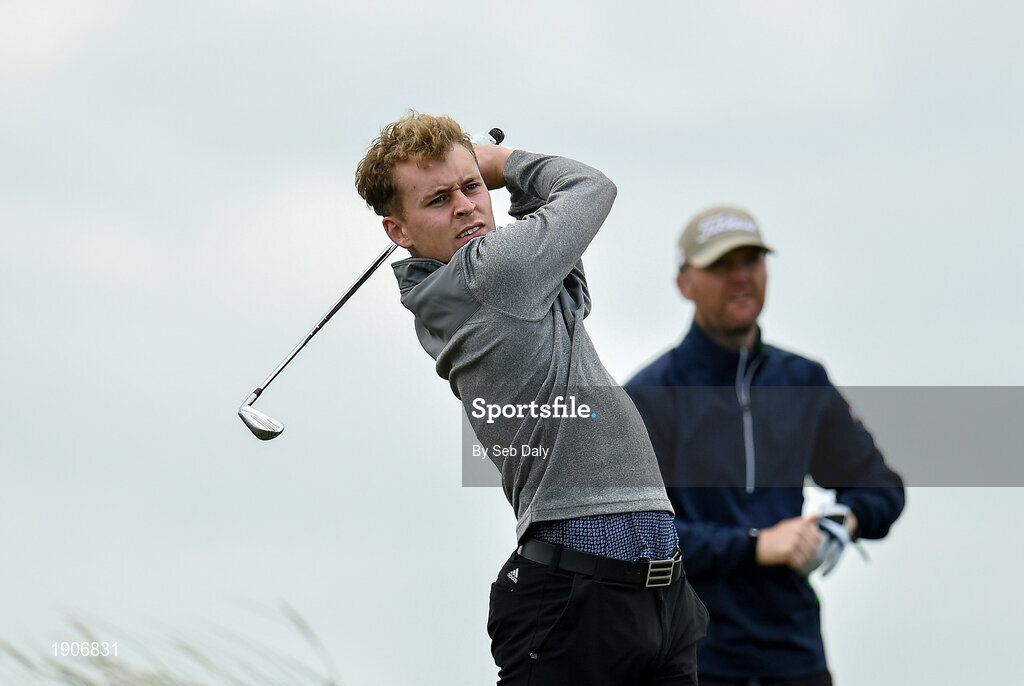 6 July 2020; Hugh O'Hare watches his tee shot on the first during the Flogas Irish Scratch Series at the Seapoint Golf Club in Termonfeckin, Louth. Photo by Seb Daly/Sportsfile