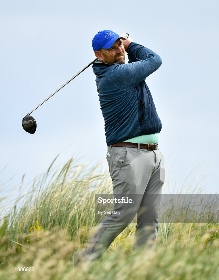 6 July 2020; Gary Murphy watches his tee shot on the 10th during the Flogas Irish Scratch Series at the Seapoint Golf Club in Termonfeckin, Louth. Photo by Seb Daly/Sportsfile