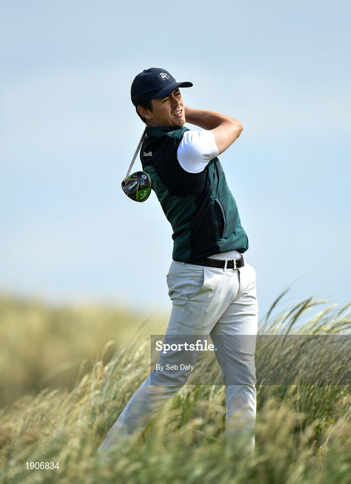 6 July 2020; Shaun Carter watches his tee shot on the 10th during the Flogas Irish Scratch Series at the Seapoint Golf Club in Termonfeckin, Louth. Photo by Seb Daly/Sportsfile